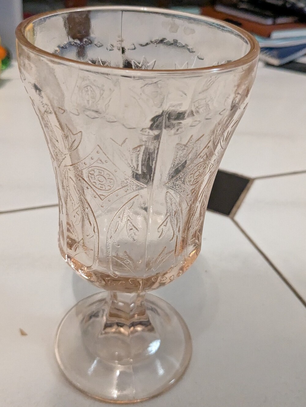 Vintage-Style Pink Etched Goblet Glass - Unbranded